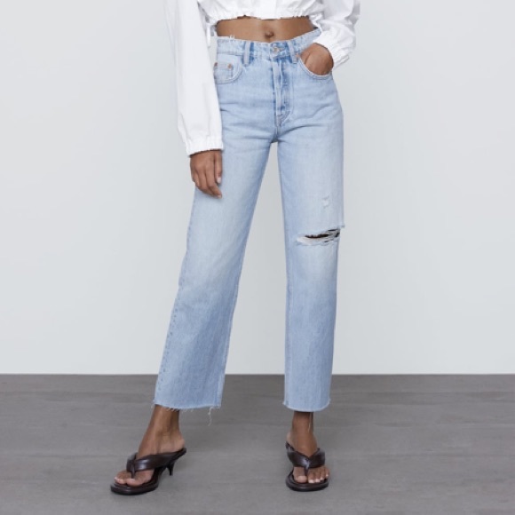 zara high rise straight leg ripped jeans